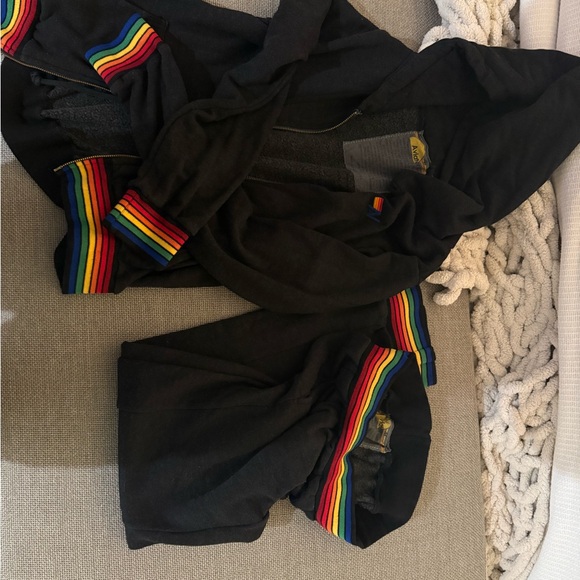 Aviator Nation Sweaters - Aviator Nation Charcoal Hoodie and Sweatpants Set with Rainbow Stripe Cuffs